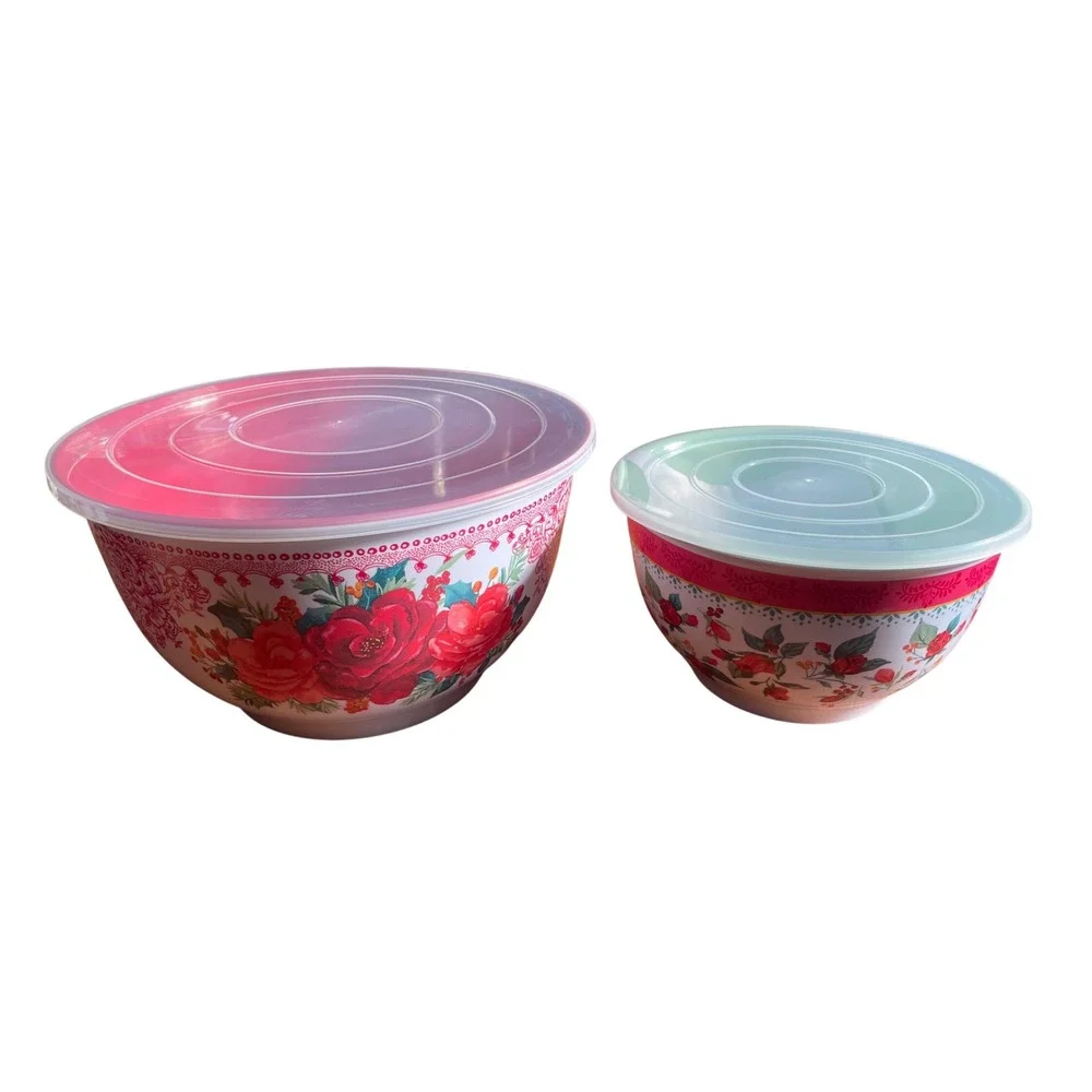 The Pioneer Woman Cheerful Rose Melamine Mixing Bowls Lids Set 10.5 In & 8 In